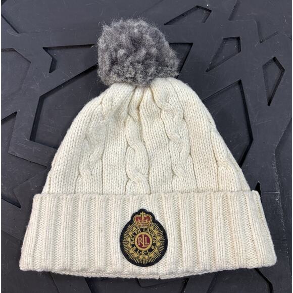 Lauren Ralph Lauren Accessories - Ralph Lauren Women's Crest Patch Cable Beanie Cuff Hat w/Pom Cream